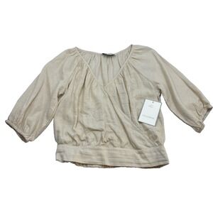 NWT Boutique Calligraphy Beige Linen Blend Deep V Cropped 3/4 Sleeve Shirt Small